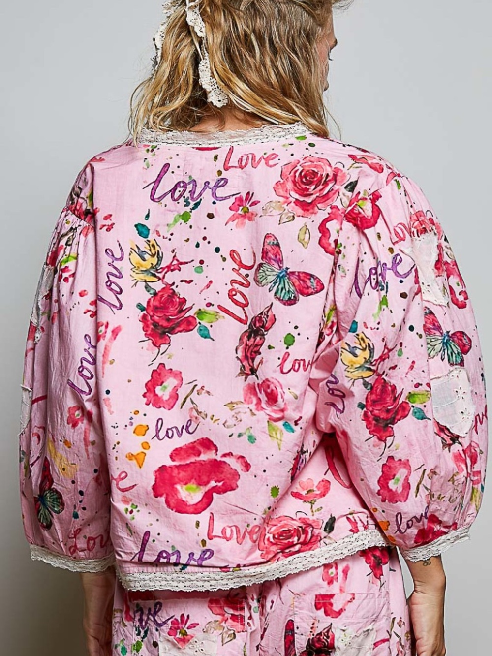 Pol Pink Mix Butterfly Star Love Floral Print Button Down Lightweight Jacket - Picture 5 of 6